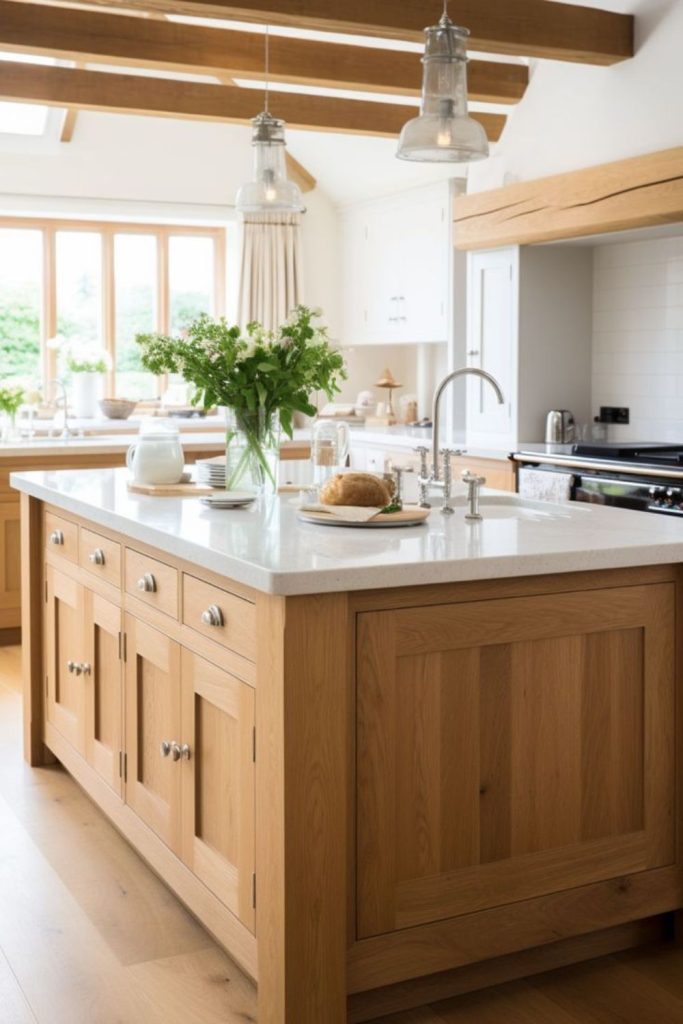White and oak kitchen island.