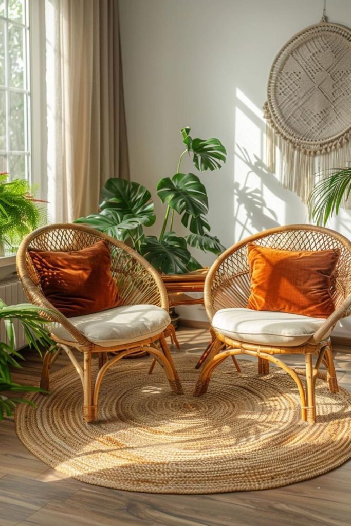 Wicker ottoman beside cozy seating area.