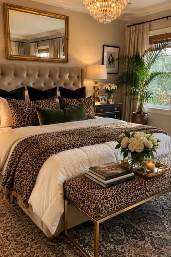Glamorous leopard print bedroom with gold.