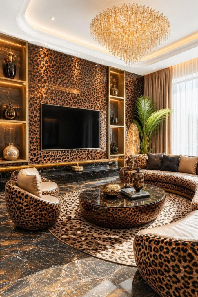 Luxurious cheetah print statement living room.