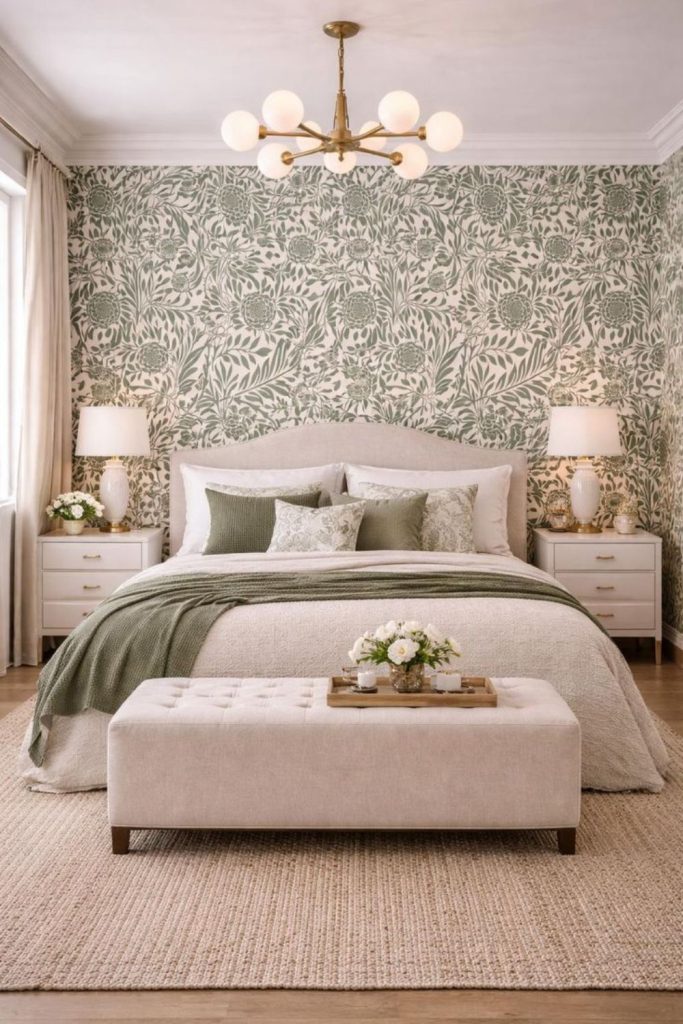 Willow garden bedroom with botanical wallpaper