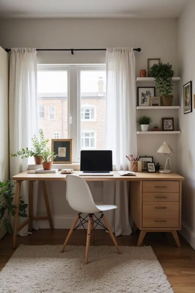 Window desk overlooking bright outdoor view.