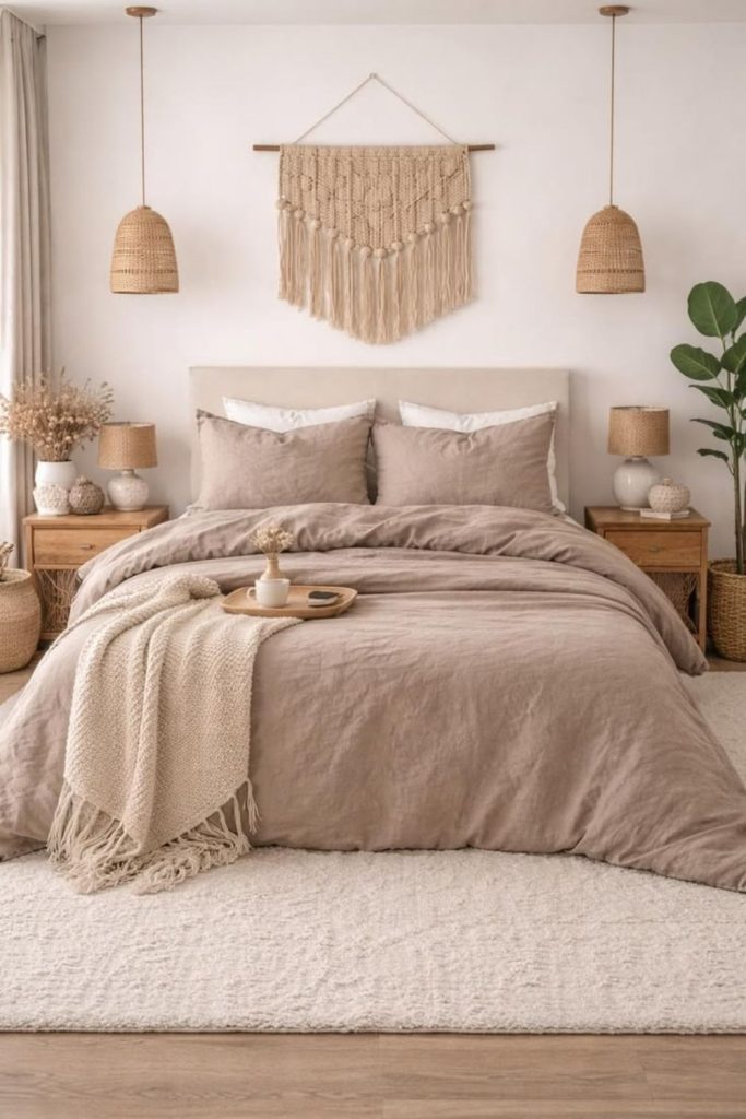Winter white and taupe bedding