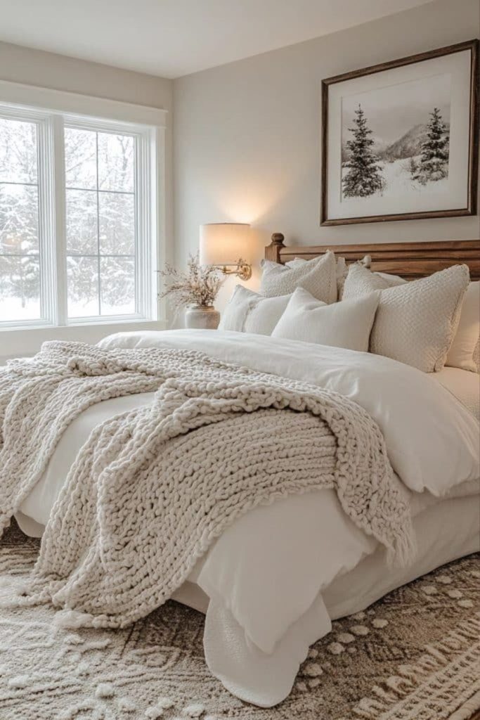 Winter white textured bedding with faux fur.