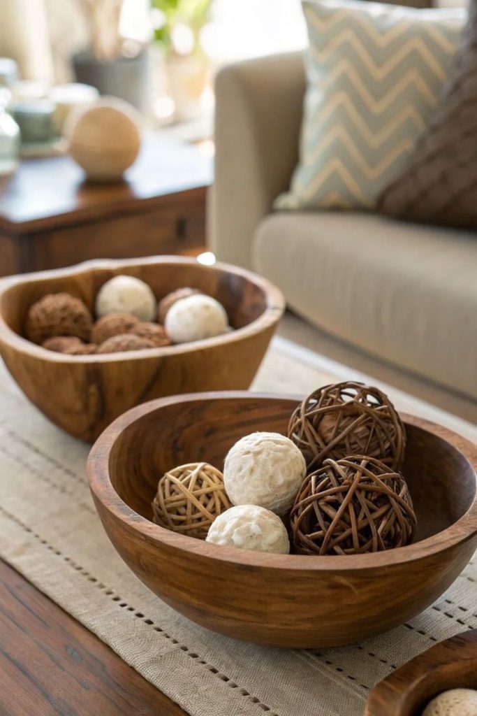 Wooden bowl decorating stylish coffee table.