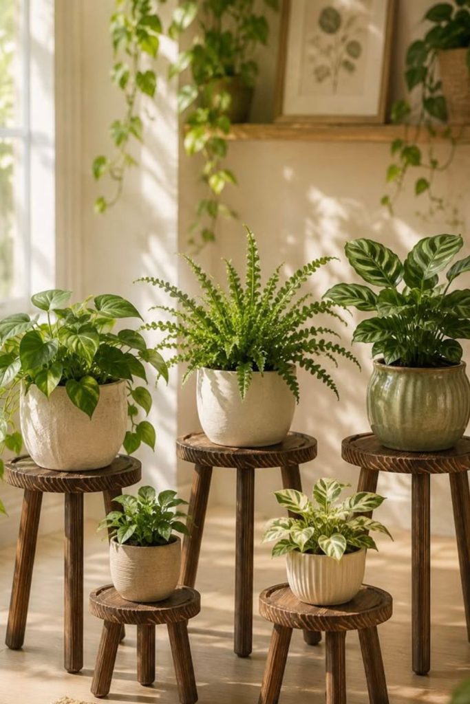 Wooden stool displaying lush indoor plant.