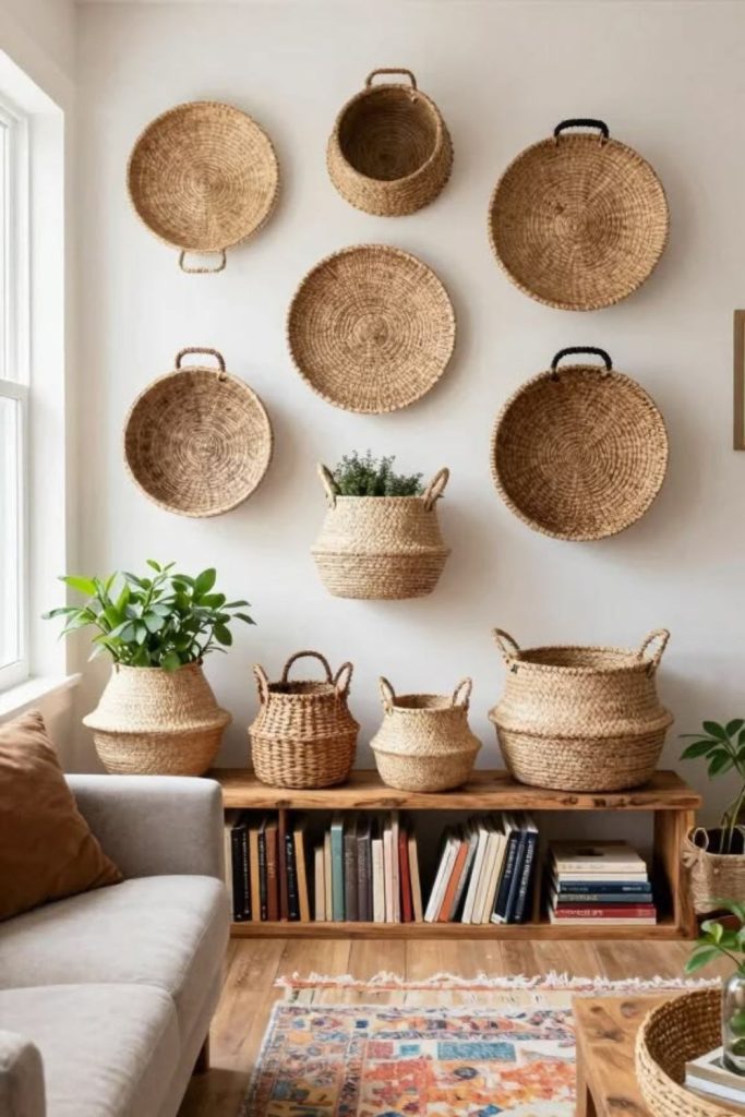 Woven baskets arranged as wall decor.