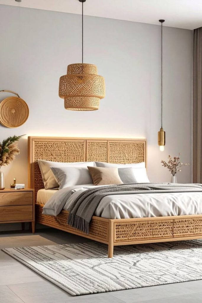 Natural woven rattan headboard bed.