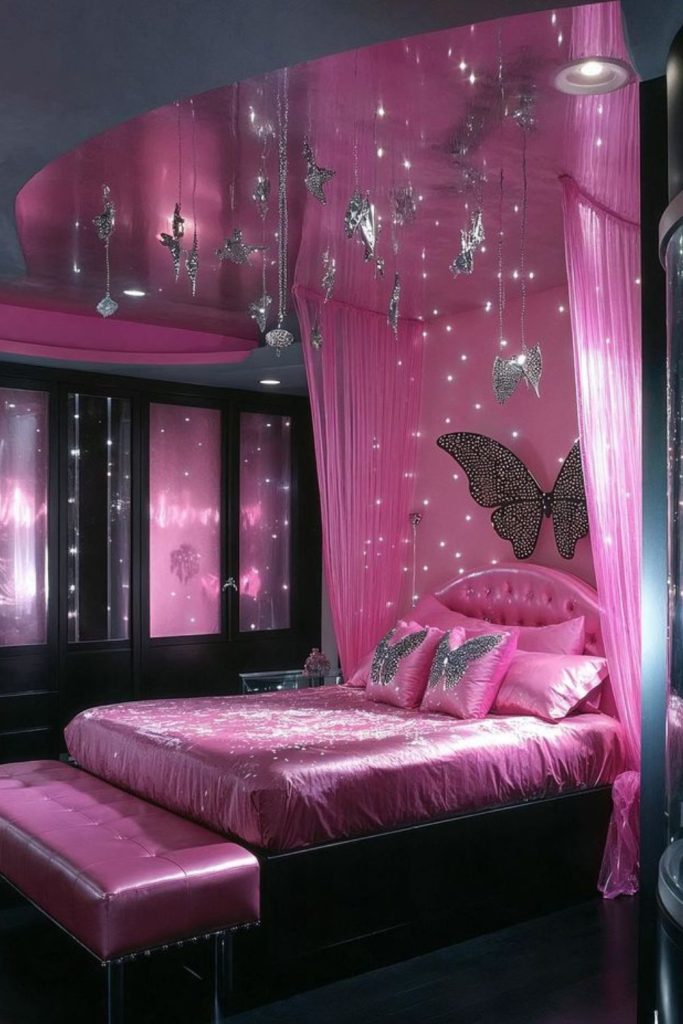 Pink Y2K bedroom with glossy accents.