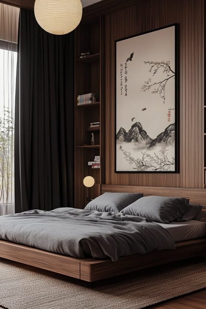Peaceful Zen-inspired men's bedroom sanctuary.