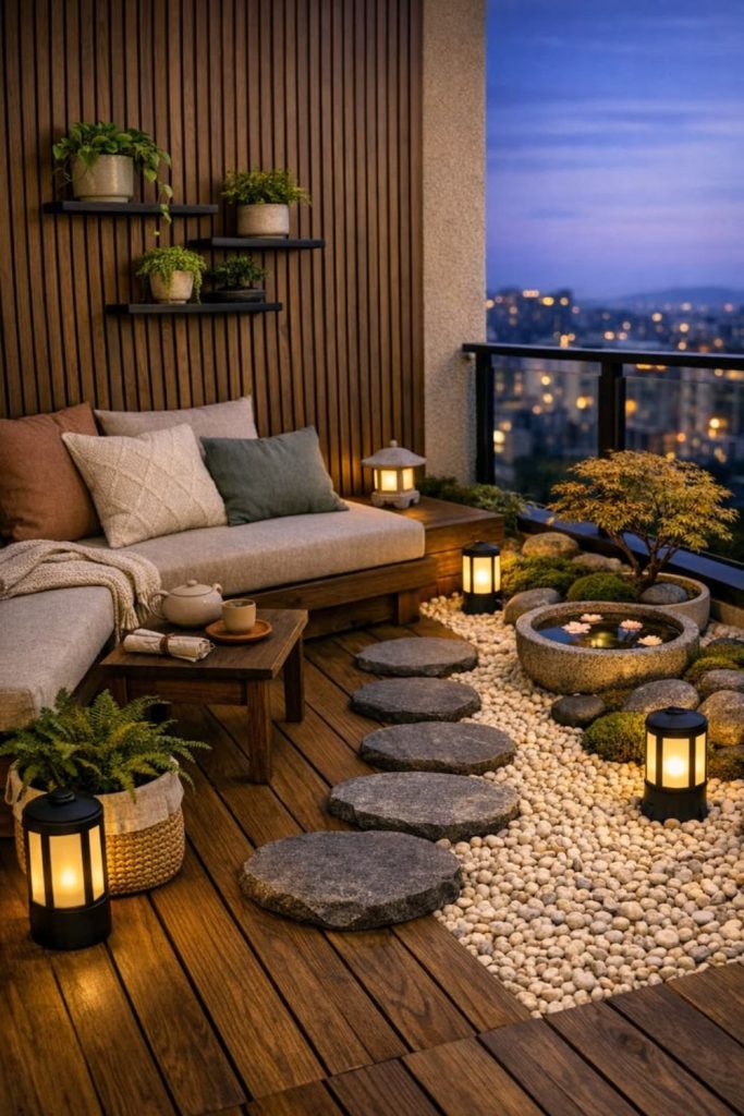 Zen bedroom balcony with bamboo screens.
