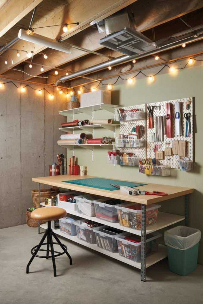 Affordable unfinished basement craft studio