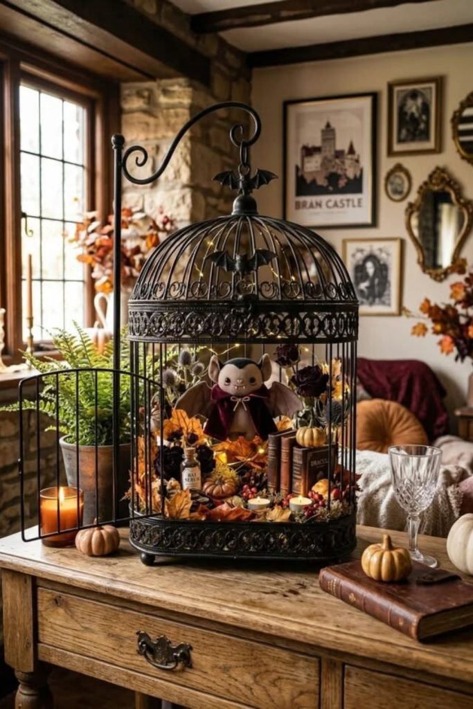 Antique birdcages with floating ghost decorations.
