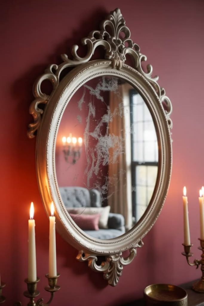 Antique mirrors with ghostly Halloween reflections.