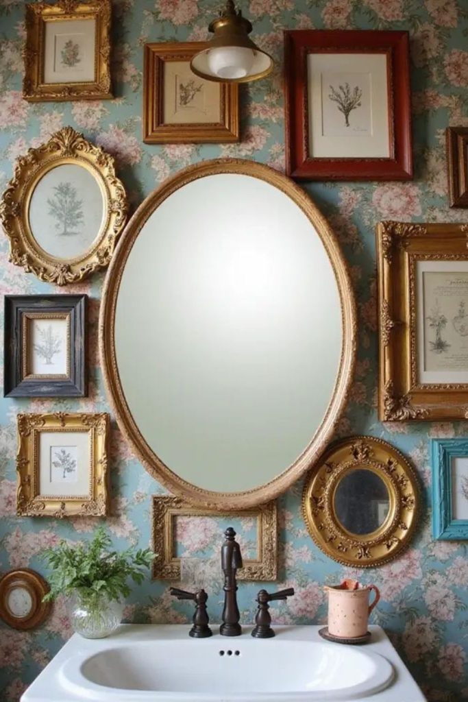 Antique portrait bathroom gallery wall