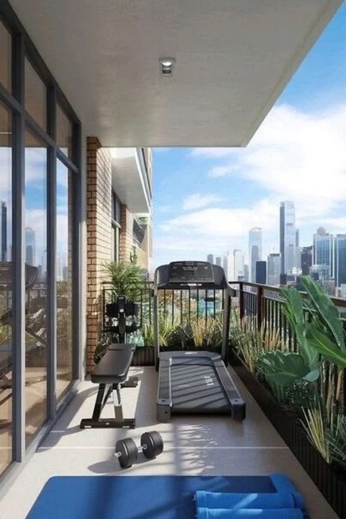 Apartment balcony home gym setup.
