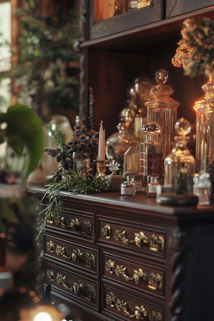 Antique apothecary cabinet with potion bottles.