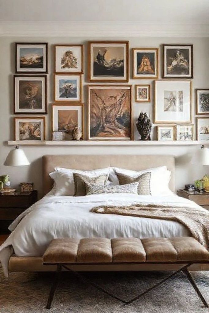 Artistic bedroom with oversized abstract paintings.