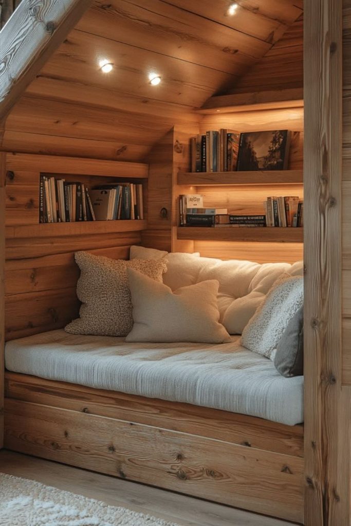 Attic tucked-away cozy book nook.