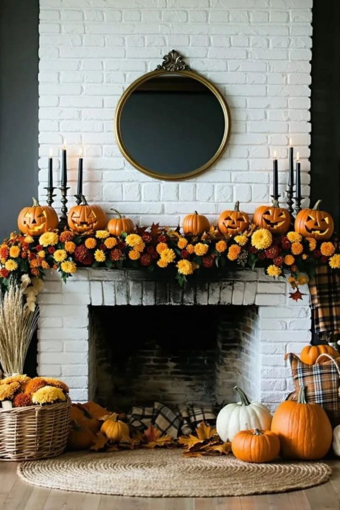 Autumn floral mantel with dried colorful flowers.