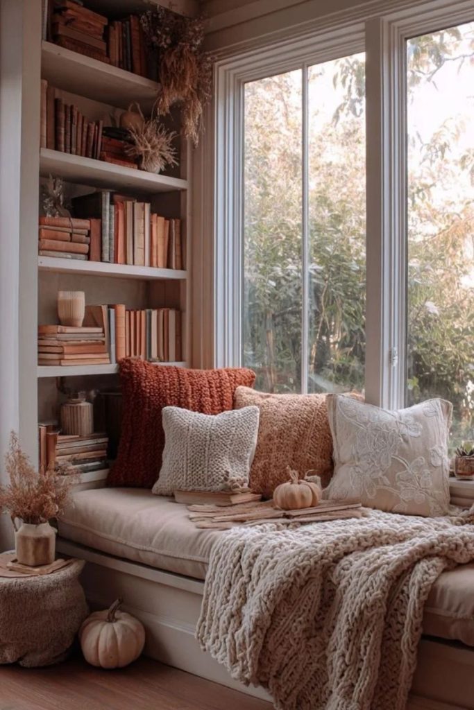 Autumn-inspired cozy window seat nook.