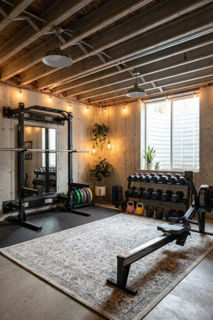 Compact unfinished basement workout corner