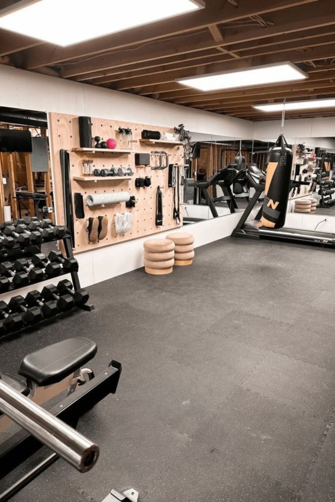 Stylish basement workout room design.