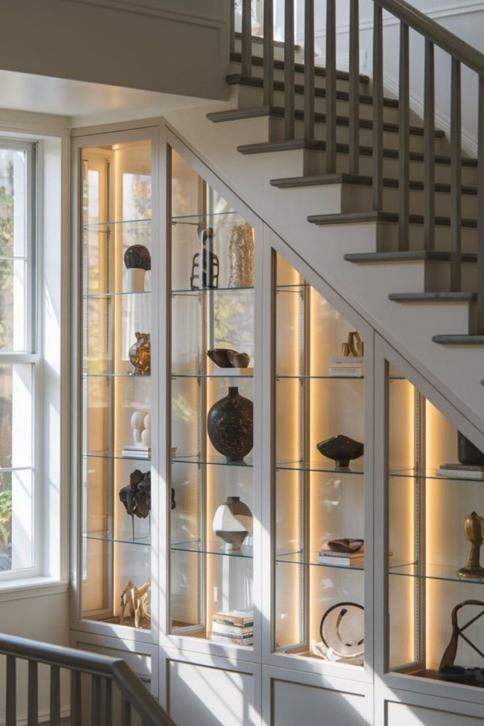 Elegant glass-front understairs cabinet.