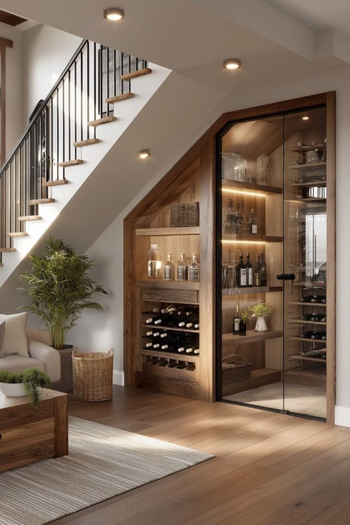 Bespoke wine cellar beneath stairs.