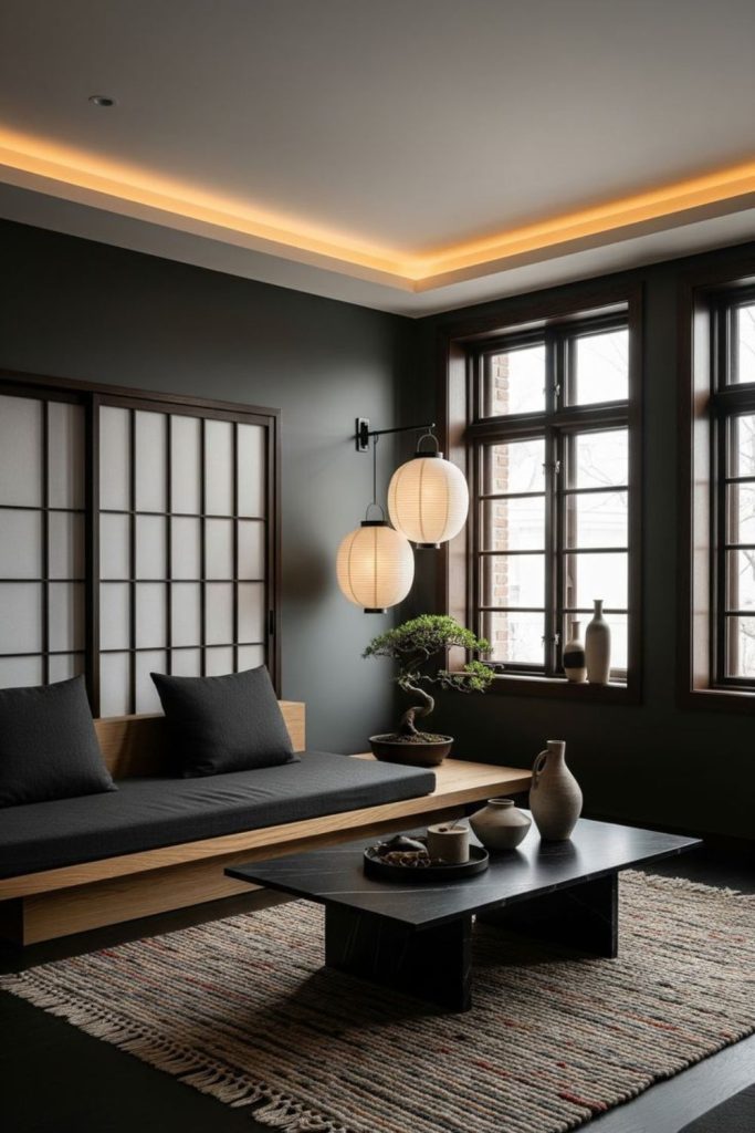 Black accent Japandi living room.