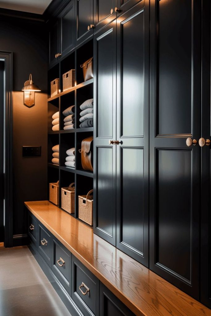 Black brass mudroom cabinetry design