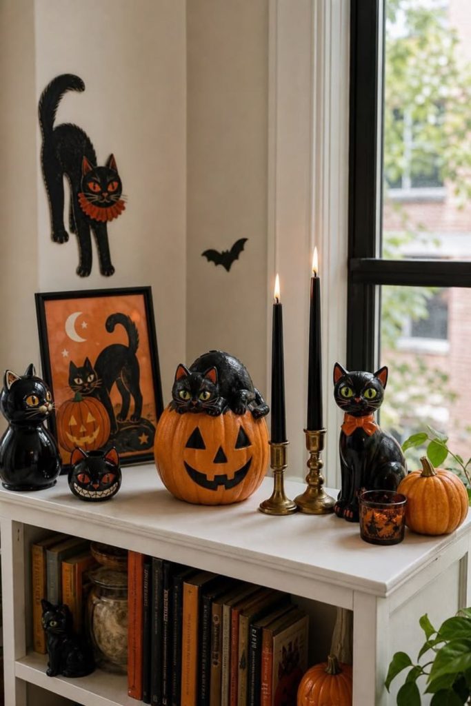 Black cat parlor with vintage accents.