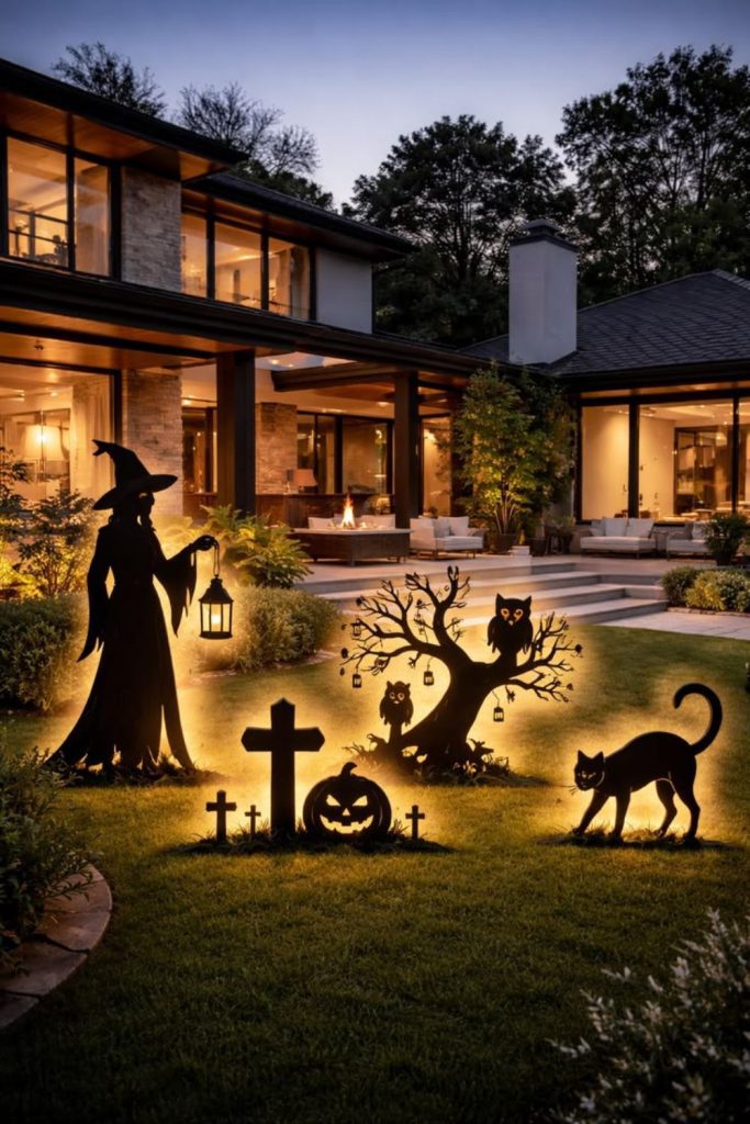 Black cat silhouettes in Halloween garden.