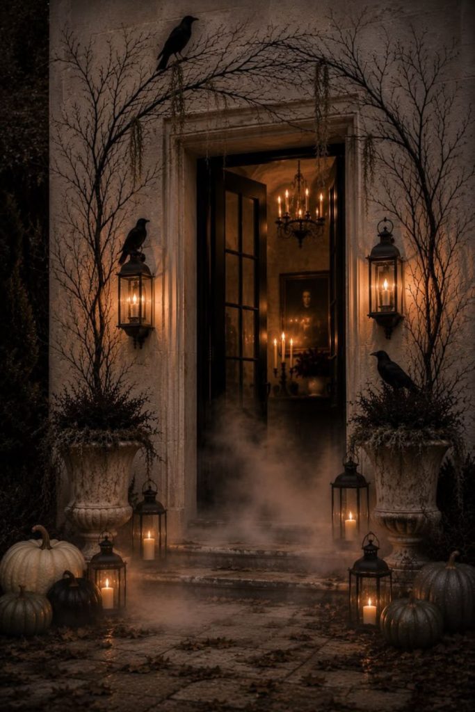 Gothic raven porch with dark accents.