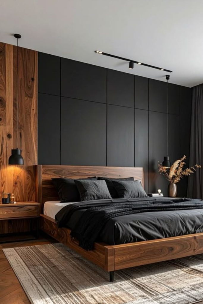 Black walnut bedroom with bronze lighting.