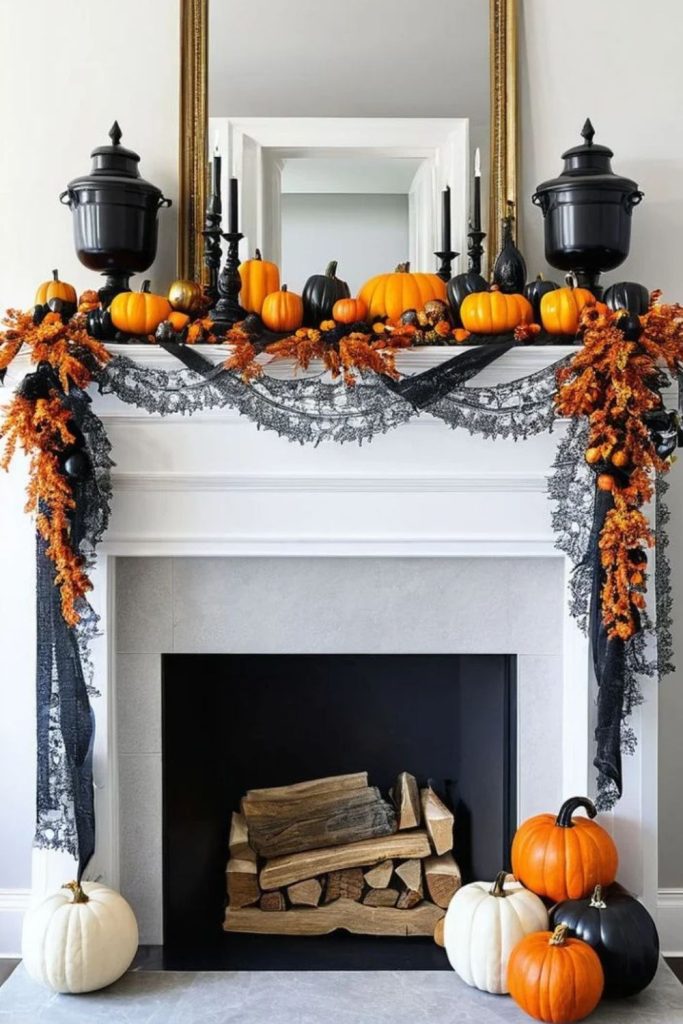 Black orange Halloween mantel with spooky accents.