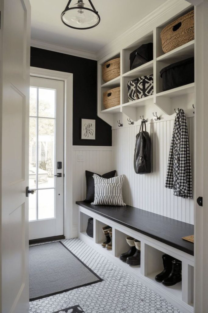 Black white mudroom utility space