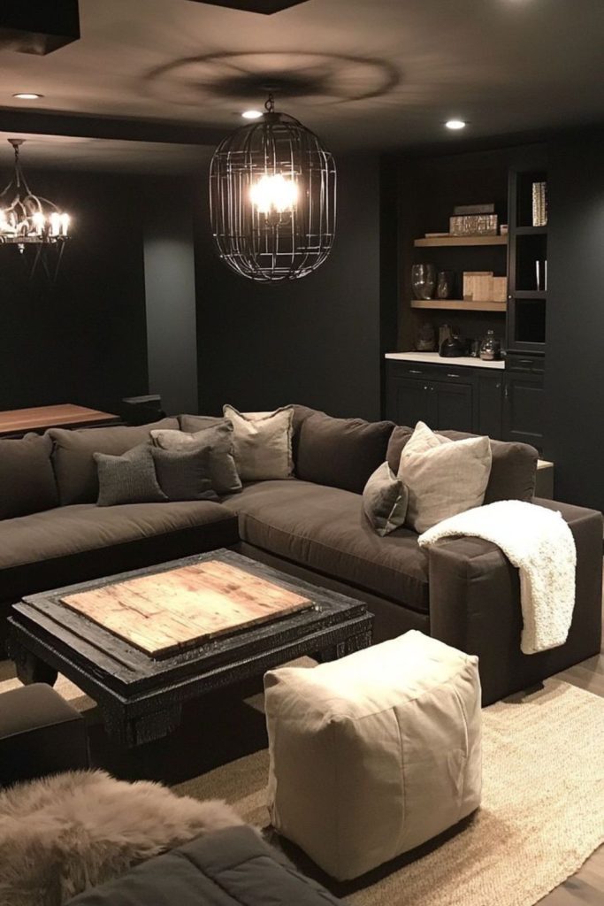 Black wood unfinished basement retreat