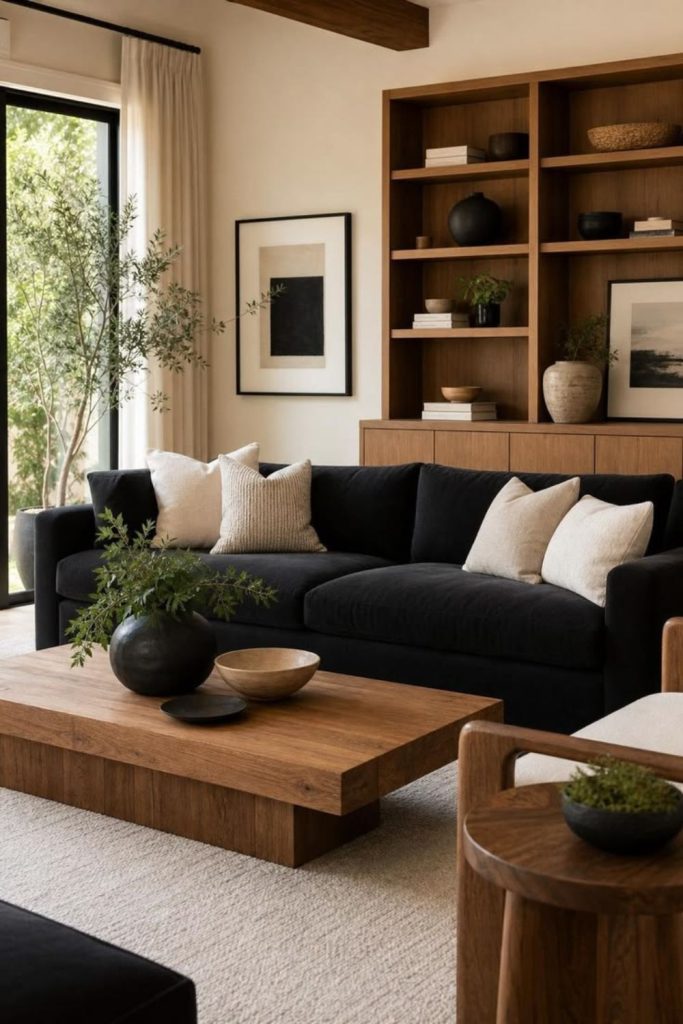 Black wood contrast living room design.