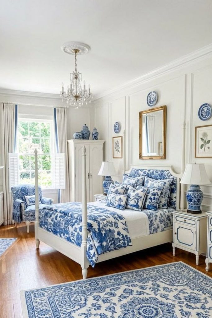 Blue chinoiserie grandmillennial bedroom.
