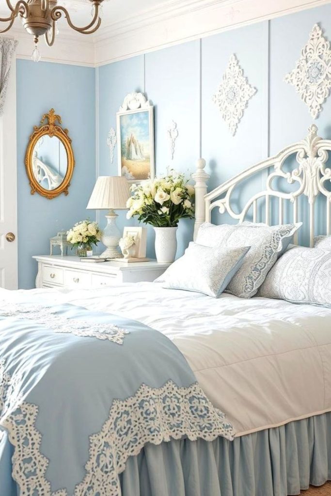 Blue floral grandmillennial bedroom romance.