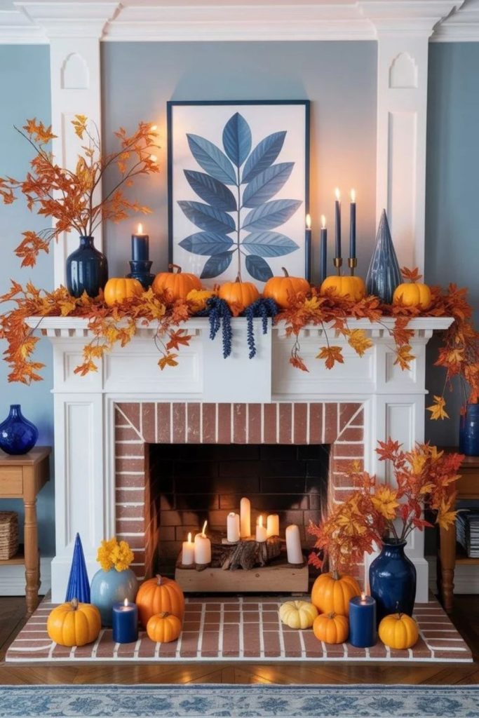 Blue pumpkin mantel with sophisticated fall accents.
