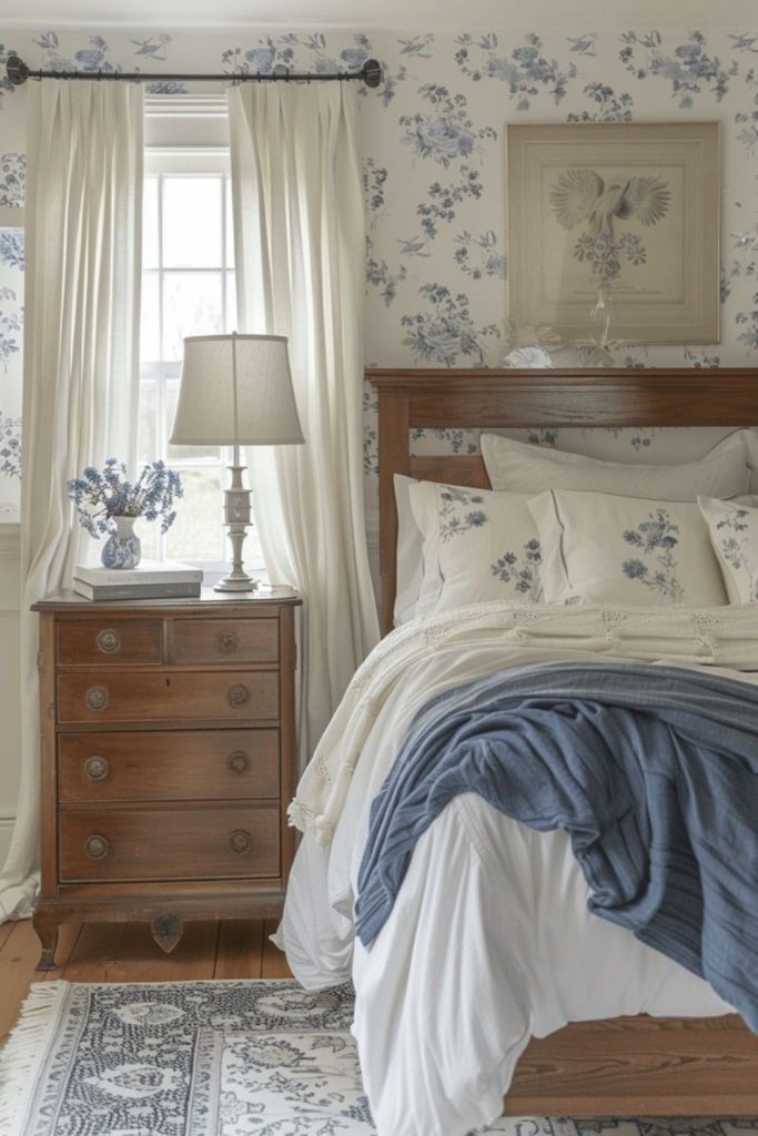 Blue white heritage bedroom design.