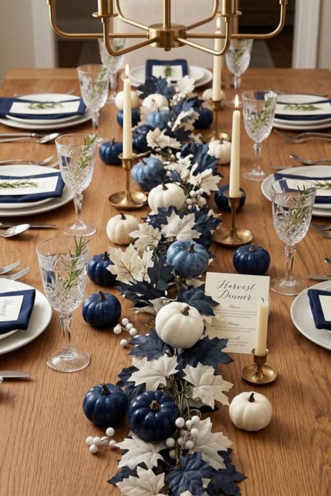 Blue white Thanksgiving table setting