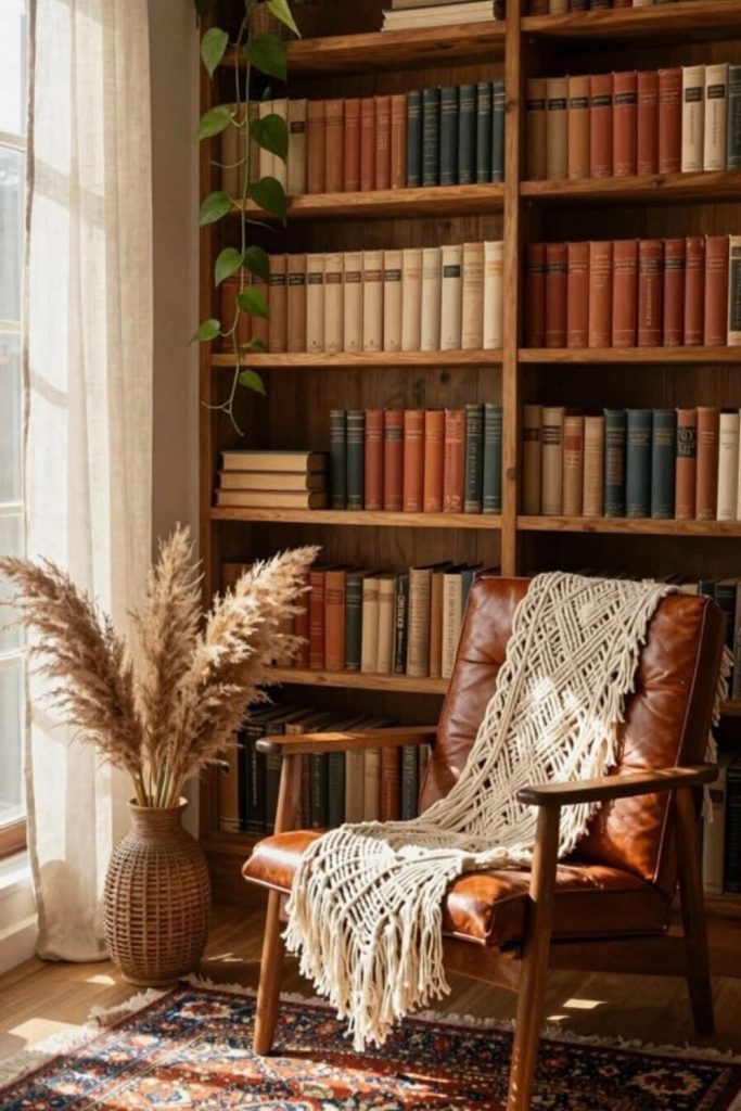 Bohemian library with layered cozy textiles.