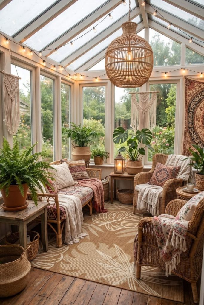 Bohemian conservatory lounge filled with plants.