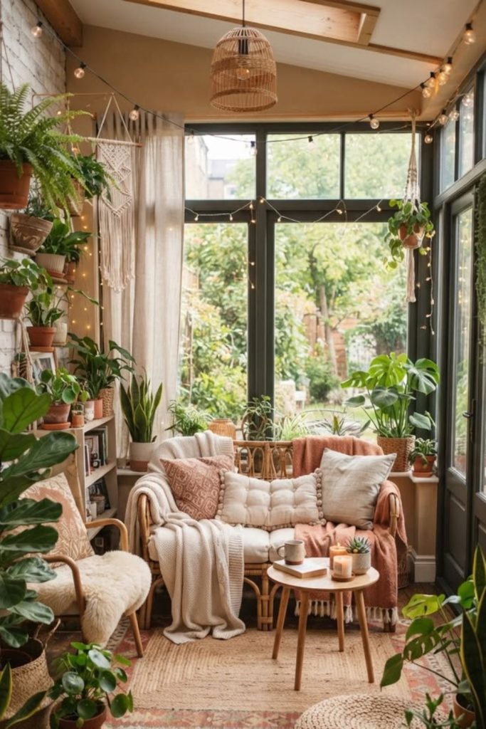 Bohemian plant-filled garden room lounge.