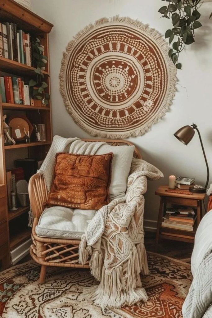 Bohemian layered cushion reading retreat.