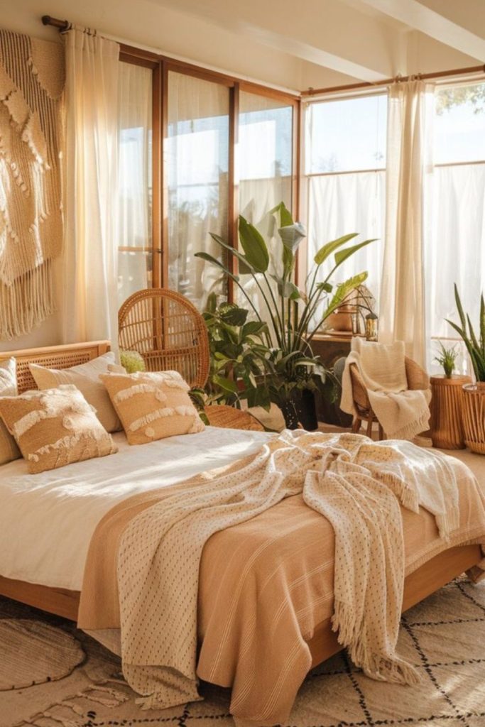 Bohemian bedroom with colorful woven textiles.