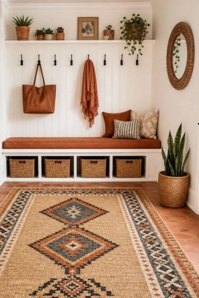 Boho boot room with woven storage.